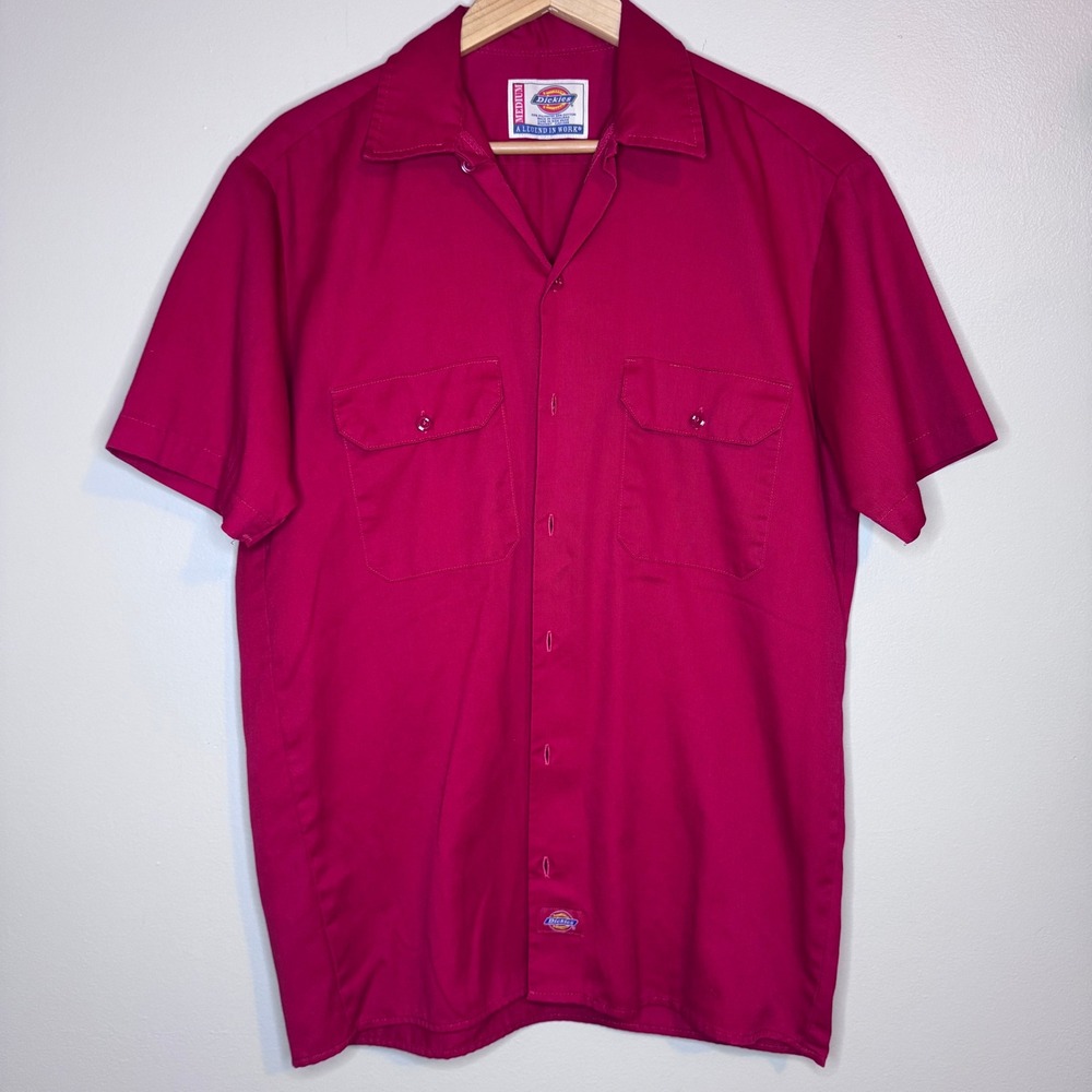 Dickies Red Work Shirt Short‎ Sleeve Button Front Workwear Size M